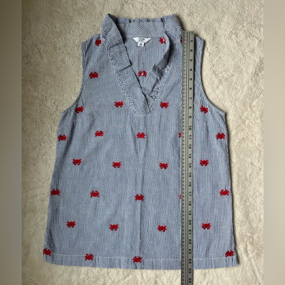 crown & ivy Blue and White Striped Sleeveless Blouse with Red Crab Embroidery - Picture 5 of 8